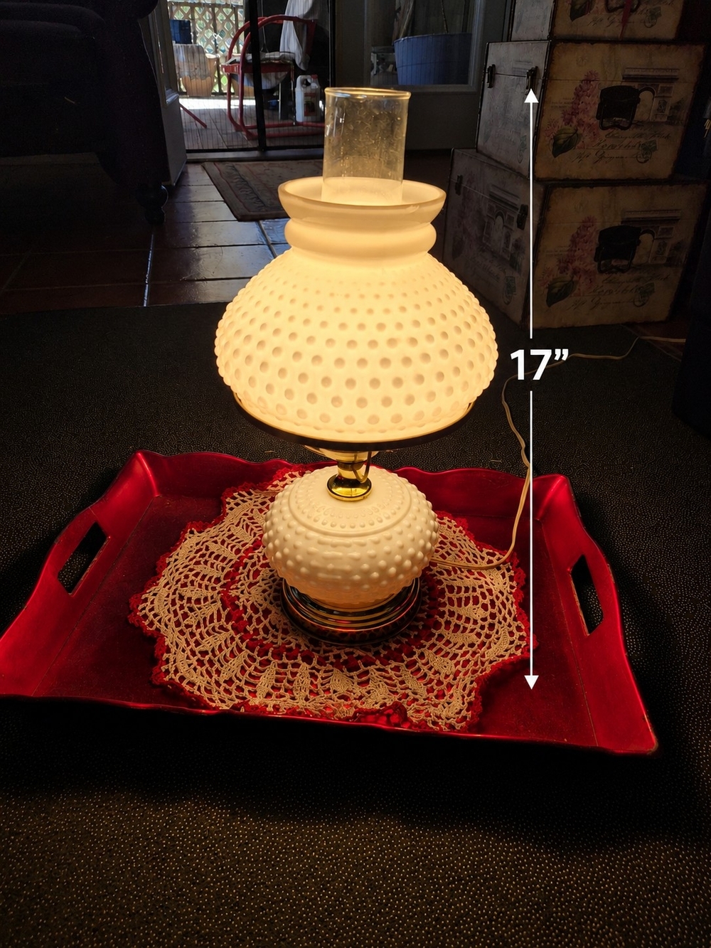 Vintage Milk Glass Hobnail Glass Lantern Table Lamp